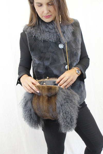 GRAY MONGOLIAN LAMB & MAHOGANY MINK FUR MUFF PURSE, BAG