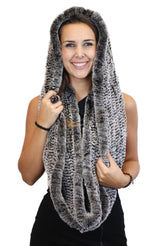 KNITTED REX RABBIT FUR HOODED INFINITY SCARF / NECK WARMER