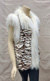 Vintage Zebra Stenciled Goat Fur Sections Vest with Tibetan Lamb Trim -S