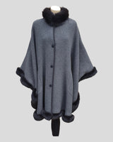 Reversible Grey and Charcoal Cashmere Poncho w/ Fox Fur Trim - grey out