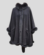 Reversible Grey and Charcoal Cashmere Poncho w/ Fox Fur Trim - charcoal out