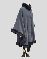 Reversible Grey and Charcoal Cashmere Poncho w/ Fox Fur Trim - gray out, side view