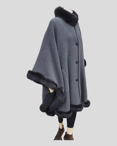 Reversible Grey and Charcoal Cashmere Poncho w/ Fox Fur Trim - gray out, side view