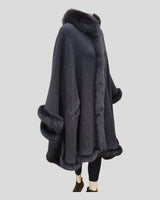 Reversible Grey and Charcoal Cashmere Poncho w/ Fox Fur Trim - charcoal out side view