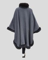 Reversible Grey and Charcoal Cashmere Poncho w/ Fox Fur Trim - gray out back view