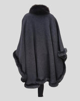 Reversible Grey and Charcoal Cashmere Poncho w/ Fox Fur Trim - charcoal out back view