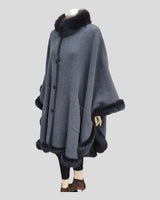 Reversible Grey and Charcoal Cashmere Poncho w/ Fox Fur Trim - gray out side view