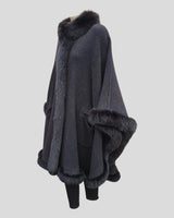 Reversible Grey and Charcoal Cashmere Poncho w/ Fox Fur Trim - charcoal out side view