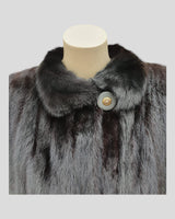 Black Dyed Mink Fur Coat - close up on collar with decorative button detail