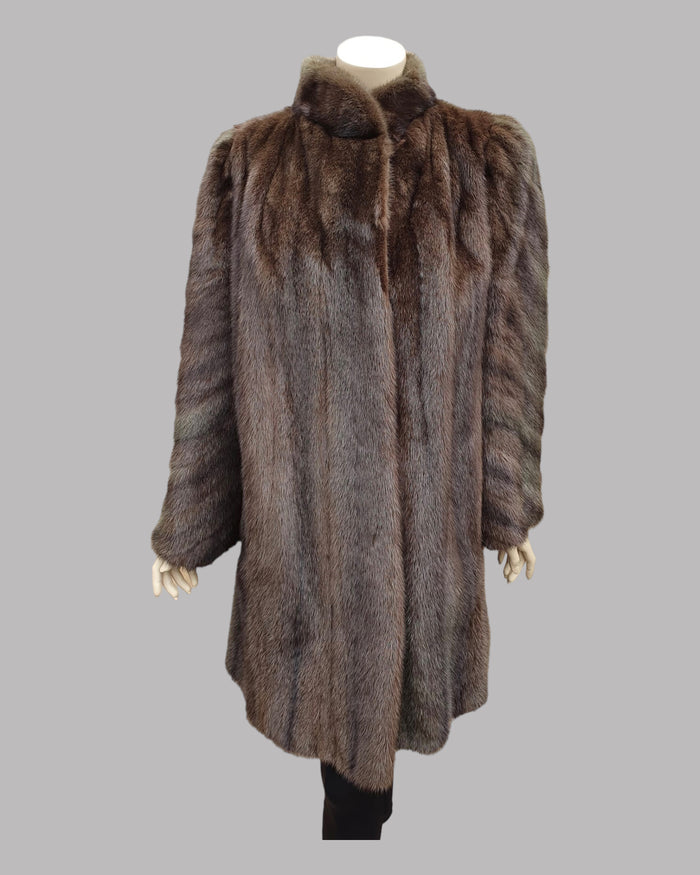 Tobacco-Dyed Cross Mink Fur ⅞ Coat