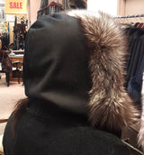 Black Cashmere Scarf w/ Silver Fox Fur Hood, Hooded Scarf