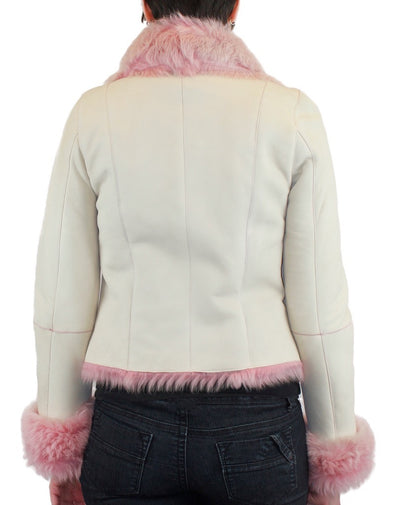 SMALL/MEDIUM PINK & WHITE SHEARLING FUR SHEEPSKIN LEATHER MOTORCYCLE JACKET - from THE REAL FUR DEAL & DAVID APPEL FURS new and pre-owned online fur store!