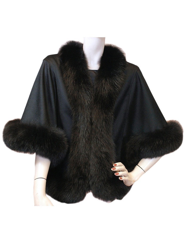 BLACK CASHMERE CAPE WITH FOX FUR TRIM – The Real Fur Deal