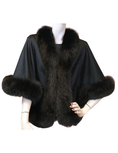 Women's Black Cashmere Cape w/ Fox Fur Trim