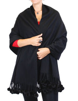 Black 100% Pure Cashmere Soft Mink fur pom-pom fringe Scarf/Wrap by Belle Fare. 76" long x 26" wide Large and versatile size.