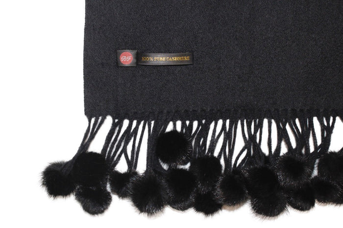 Black 100% Pure Cashmere Soft Mink fur pom-pom fringe Scarf/Wrap by Belle Fare. 76