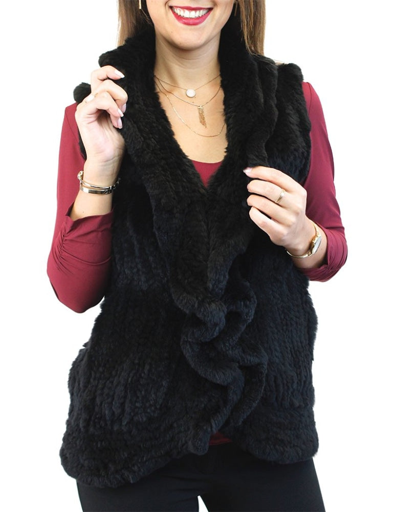 Black Knitted Rex Rabbit Fur Vest Large (Please Allow Up to 2 Weeks for Delivery)