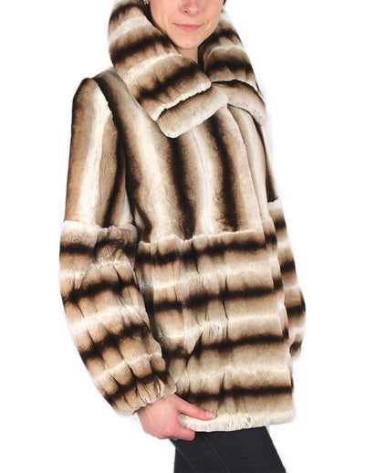 LARGE BEIGE BROWN STRIPED REX RABBIT FUR COAT, JACKET - from THE REAL FUR DEAL & DAVID APPEL FURS new and pre-owned online fur store!