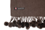 Cognac Brown 100% Pure Cashmere Soft Mink fur pom-pom fringe Scarf/Wrap by Belle Fare. 76" long x 26" wide Large and versatile size.