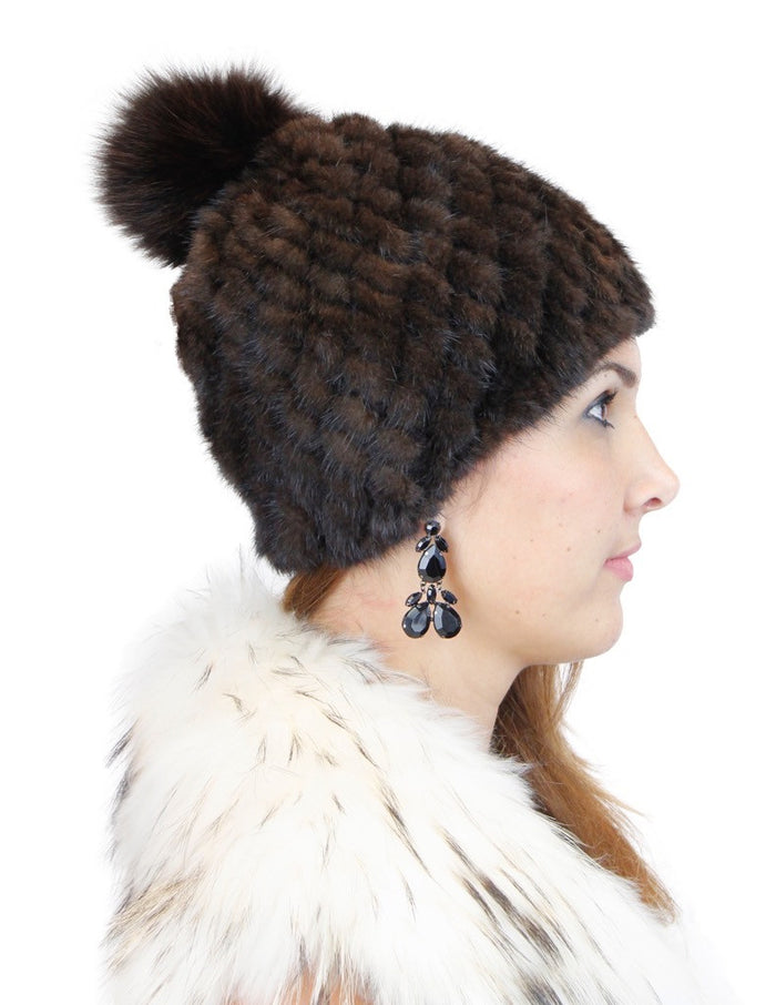 KNITTED MINK FUR SECTIONS & FOX FUR POM-POM BEANIE, HAT – The Real Fur Deal