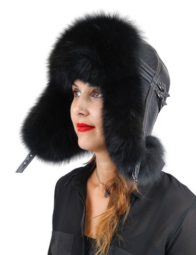 BLACK FOX FUR & BLACK LEATHER AVIATOR/TROOPER HAT - from THE REAL FUR DEAL & DAVID APPEL FURS new and pre-owned online fur store!