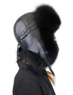 BLACK FOX FUR & BLACK LEATHER AVIATOR/TROOPER HAT - from THE REAL FUR DEAL & DAVID APPEL FURS new and pre-owned online fur store!