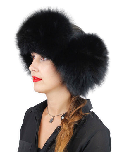 BLACK FOX FUR & BLACK LEATHER AVIATOR/TROOPER HAT - from THE REAL FUR DEAL & DAVID APPEL FURS new and pre-owned online fur store!