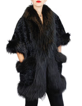 BLACK DYED KALGAN LAMB & FOX FUR TRIM SHORT-SLEEVED COAT - from THE REAL FUR DEAL & DAVID APPEL FURS new and pre-owned online fur store!