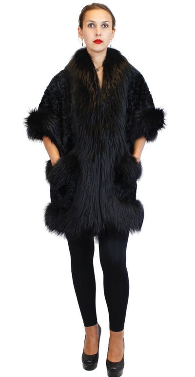 BLACK DYED KALGAN LAMB & FOX FUR TRIM SHORT-SLEEVED COAT - from THE REAL FUR DEAL & DAVID APPEL FURS new and pre-owned online fur store!