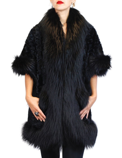 BLACK DYED KALGAN LAMB & FOX FUR TRIM SHORT-SLEEVED COAT - from THE REAL FUR DEAL & DAVID APPEL FURS new and pre-owned online fur store!