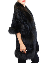 BLACK DYED KALGAN LAMB & FOX FUR TRIM SHORT-SLEEVED COAT - from THE REAL FUR DEAL & DAVID APPEL FURS new and pre-owned online fur store!