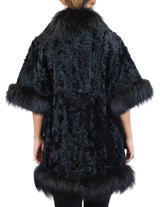 BLACK DYED KALGAN LAMB & FOX FUR TRIM SHORT-SLEEVED COAT - from THE REAL FUR DEAL & DAVID APPEL FURS new and pre-owned online fur store!