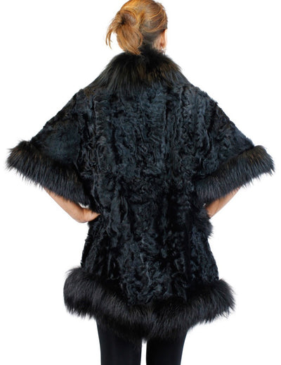 BLACK DYED KALGAN LAMB & FOX FUR TRIM SHORT-SLEEVED COAT - from THE REAL FUR DEAL & DAVID APPEL FURS new and pre-owned online fur store!