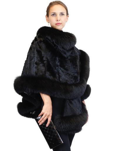 BLACK KIDSKIN BABY LAMB FUR & FOX FUR PONCHO/WRAP/SHAWL - from THE REAL FUR DEAL & DAVID APPEL FURS new and pre-owned online fur store!