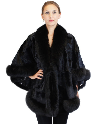 BLACK KIDSKIN BABY LAMB FUR & FOX FUR PONCHO/WRAP/SHAWL - from THE REAL FUR DEAL & DAVID APPEL FURS new and pre-owned online fur store!