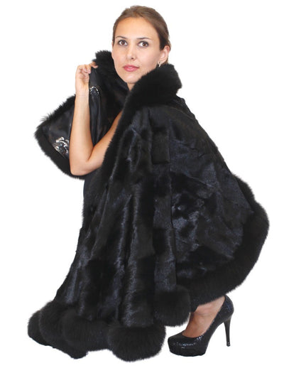 BLACK KIDSKIN BABY LAMB FUR & FOX FUR PONCHO/WRAP/SHAWL - from THE REAL FUR DEAL & DAVID APPEL FURS new and pre-owned online fur store!