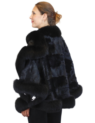 BLACK KIDSKIN BABY LAMB FUR & FOX FUR PONCHO/WRAP/SHAWL - from THE REAL FUR DEAL & DAVID APPEL FURS new and pre-owned online fur store!