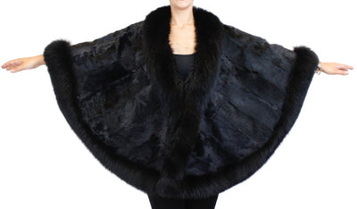 BLACK KIDSKIN BABY LAMB FUR & FOX FUR PONCHO/WRAP/SHAWL - from THE REAL FUR DEAL & DAVID APPEL FURS new and pre-owned online fur store!