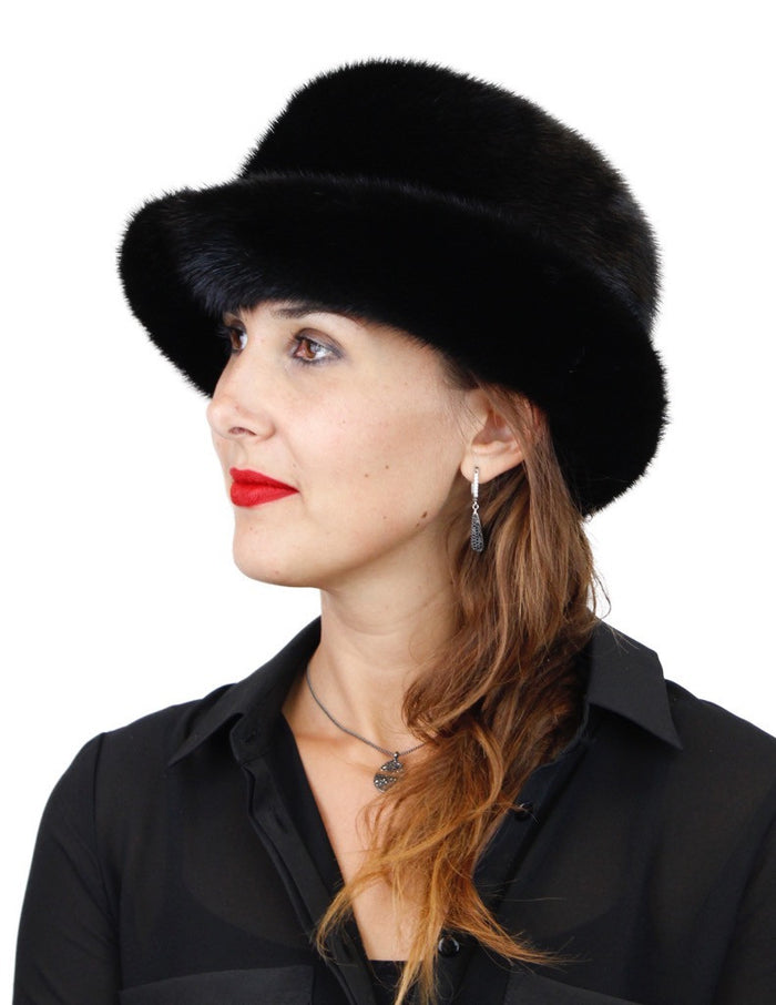 BLACK MINK FUR FEDORA HAT W PLAYFUL ADJUSTABLE BRIM The Real