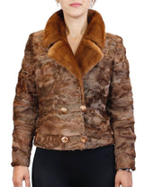 BROWN DYED BROADTAIL SECTIONS FITTED DOUBLE-BREASTED JACKET W/ WHISKEY MINK FUR COLLAR - from THE REAL FUR DEAL & DAVID APPEL FURS new and pre-owned online fur store!