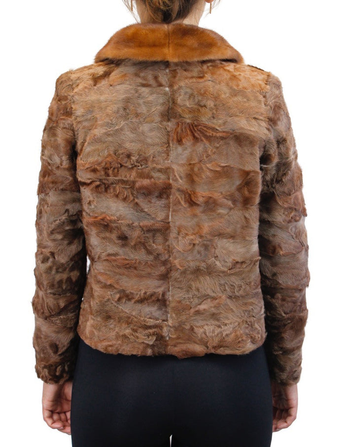 BROWN DYED BROADTAIL SECTIONS FITTED JACKET W/ WHISKEY MINK FUR