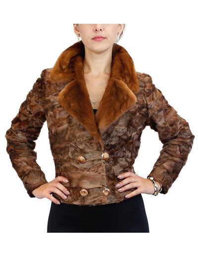 BROWN DYED BROADTAIL SECTIONS FITTED DOUBLE-BREASTED JACKET W/ WHISKEY MINK FUR COLLAR - from THE REAL FUR DEAL & DAVID APPEL FURS new and pre-owned online fur store!