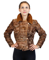 BROWN DYED BROADTAIL SECTIONS FITTED DOUBLE-BREASTED JACKET W/ WHISKEY MINK FUR COLLAR - from THE REAL FUR DEAL & DAVID APPEL FURS new and pre-owned online fur store!