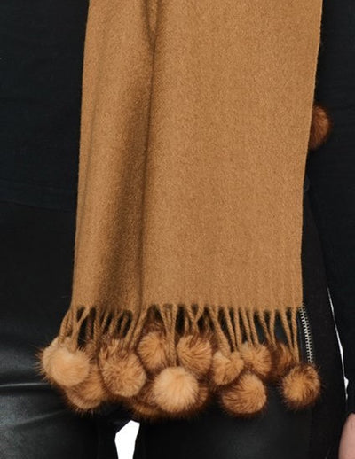 Camel 100% Pure Cashmere Soft Mink fur pom-pom fringe Scarf/Wrap by Belle Fare. 76" long x 26" wide Large and versatile size.