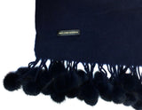 Navy Blue 100% Pure Cashmere Soft Mink fur pom-pom fringe Scarf/Wrap by Belle Fare. 76" long x 26" wide Large and versatile size.