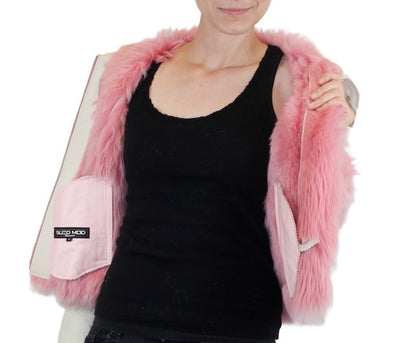 SMALL/MEDIUM PINK & WHITE SHEARLING FUR SHEEPSKIN LEATHER MOTORCYCLE JACKET - from THE REAL FUR DEAL & DAVID APPEL FURS new and pre-owned online fur store!