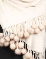 Cream 100% Pure Cashmere Soft Mink fur pom-pom fringe Scarf/Wrap by Belle Fare. 76" long x 26" wide Large and versatile size.