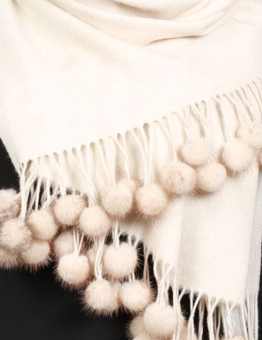 Cream 100% Pure Cashmere Soft Mink fur pom-pom fringe Scarf/Wrap by Belle Fare. 76" long x 26" wide Large and versatile size.