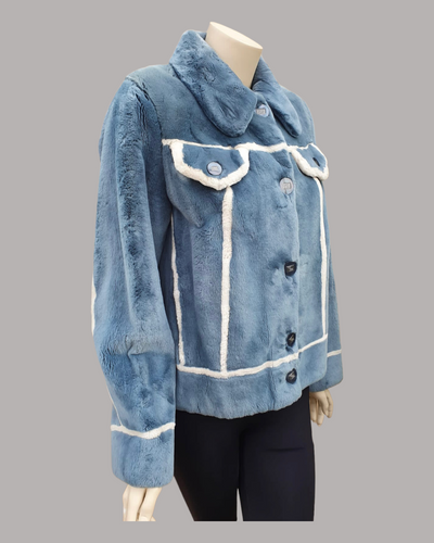 Vintage Denim-Dyed Sheared Beaver Fur Jacket w/ White Beaver Details -M (Never Been Worn!)