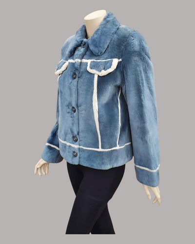 Vintage Denim-Dyed Sheared Beaver Fur Jacket w/ White Beaver Details -M (Never Been Worn!)